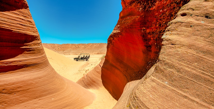 Jeep tour through the red rock formations of Antelope Canyon, Arizona.