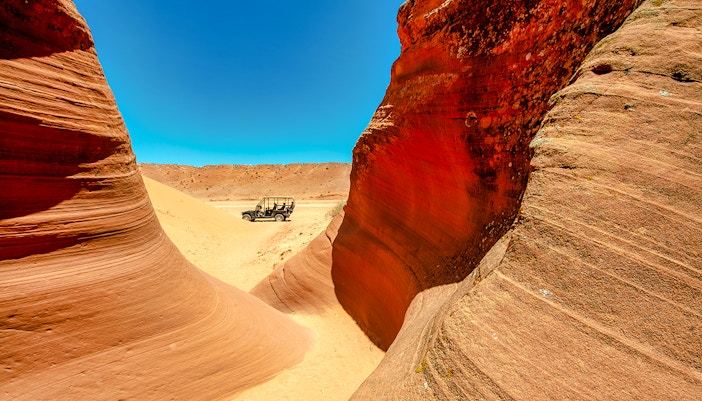 Jeep tour through the red rock formations of Antelope Canyon, Arizona.