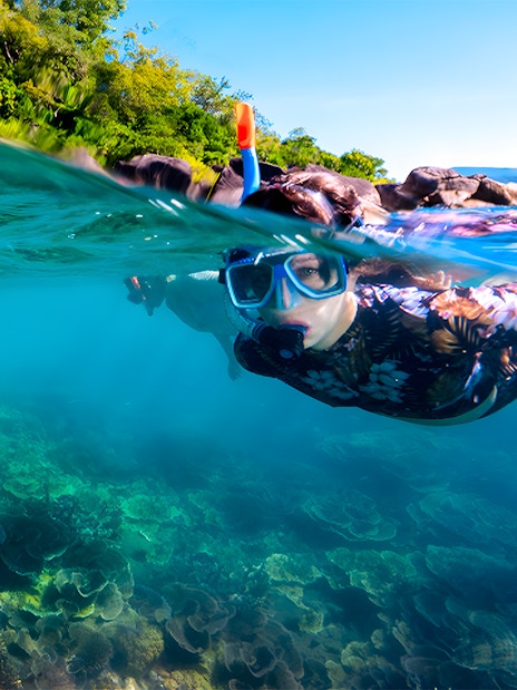 Snorkeler exploring coral reef at Fitzroy Island, Australia.