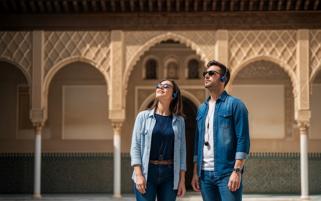 Visitors with audio guides at Alcázar of Seville courtyard.