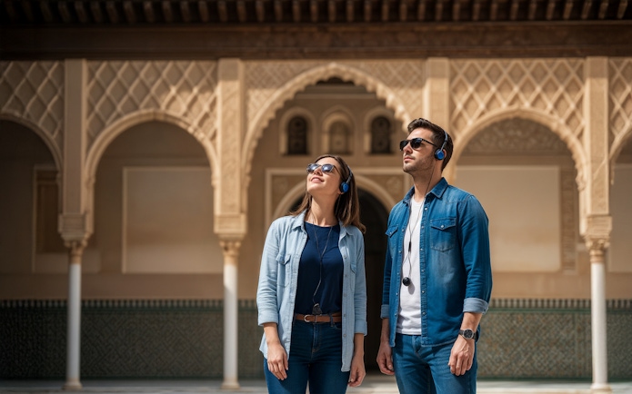 Visitors with audio guides at Alcázar of Seville courtyard.