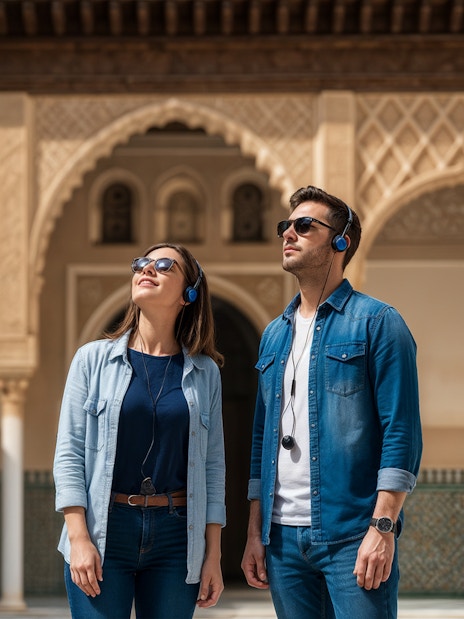 Visitors with audio guides at Alcázar of Seville courtyard.