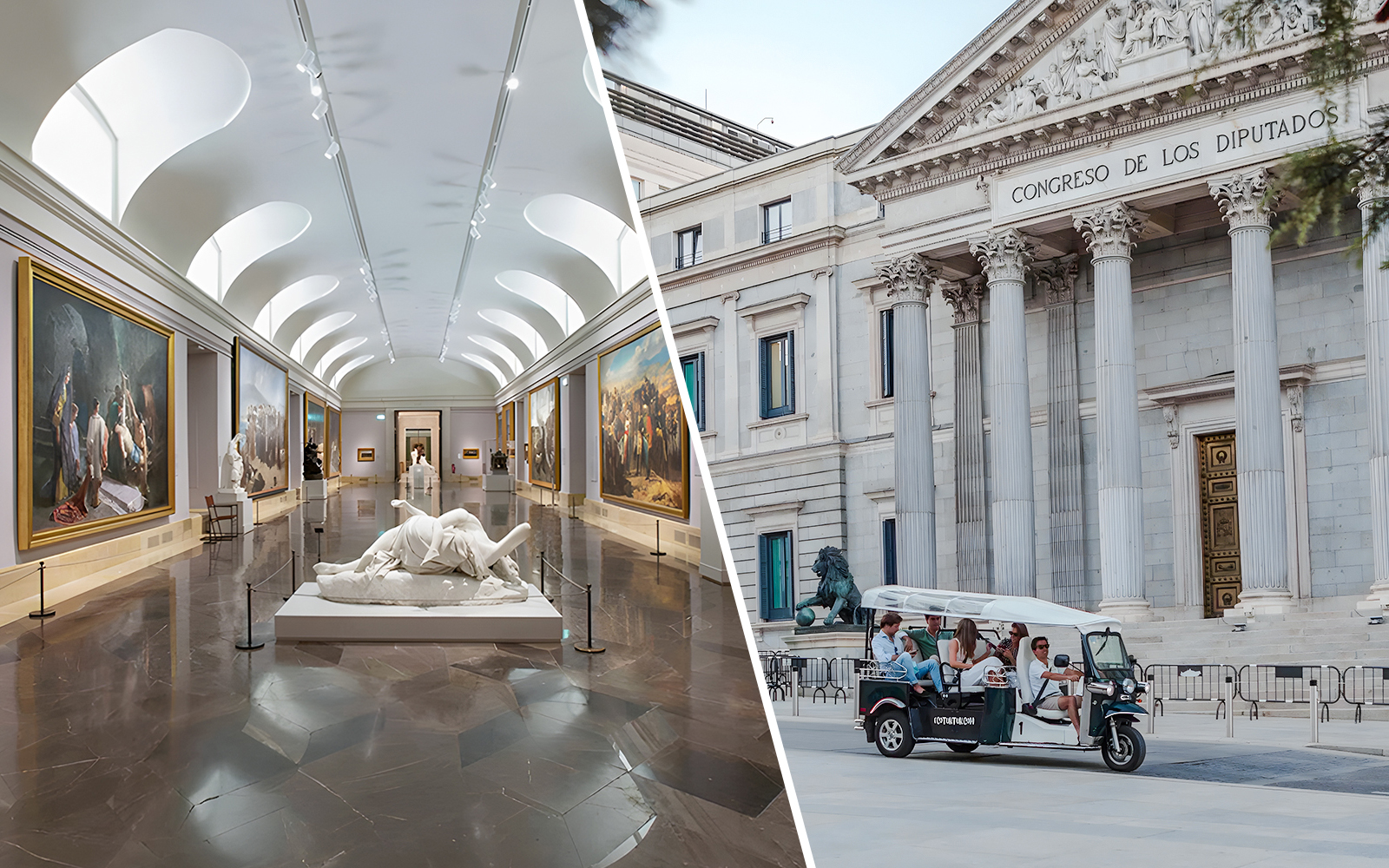 Prado Museum gallery interior and group on electric tuk-tuk outside Congreso de los Diputados, Madrid.