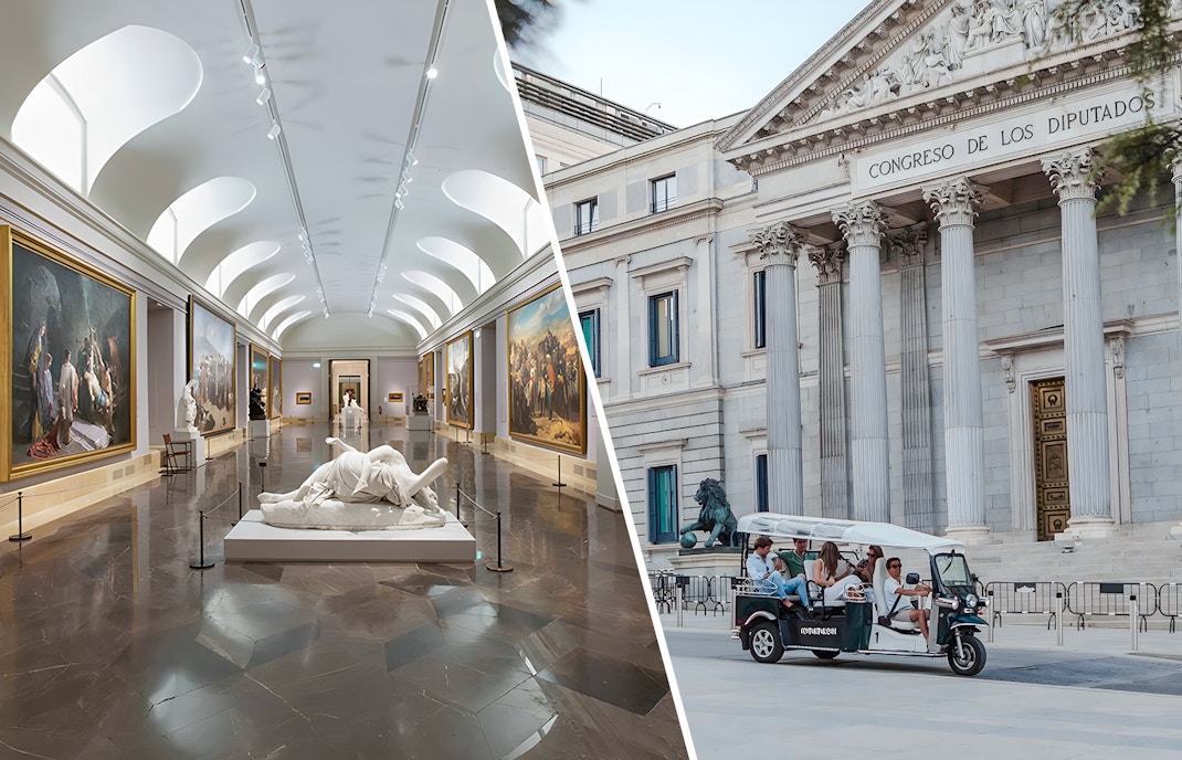 Prado Museum gallery interior and group on electric tuk-tuk outside Congreso de los Diputados, Madrid.