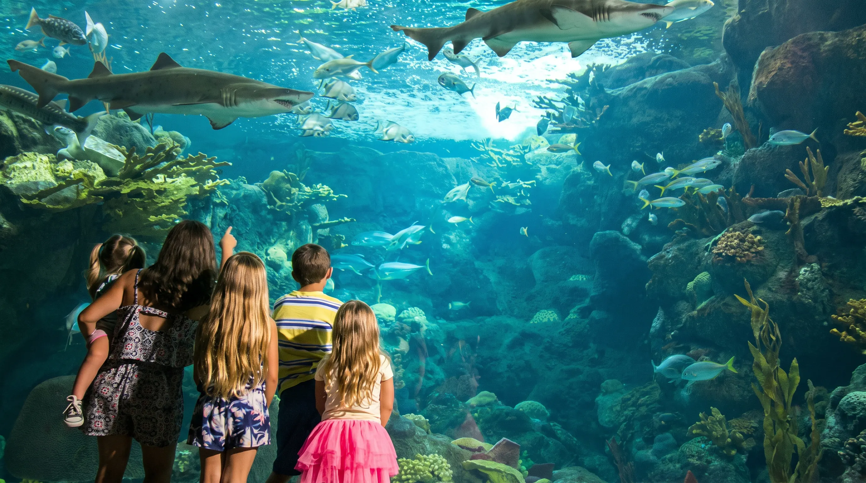 Children observing sharks at Istanbul Aquarium.