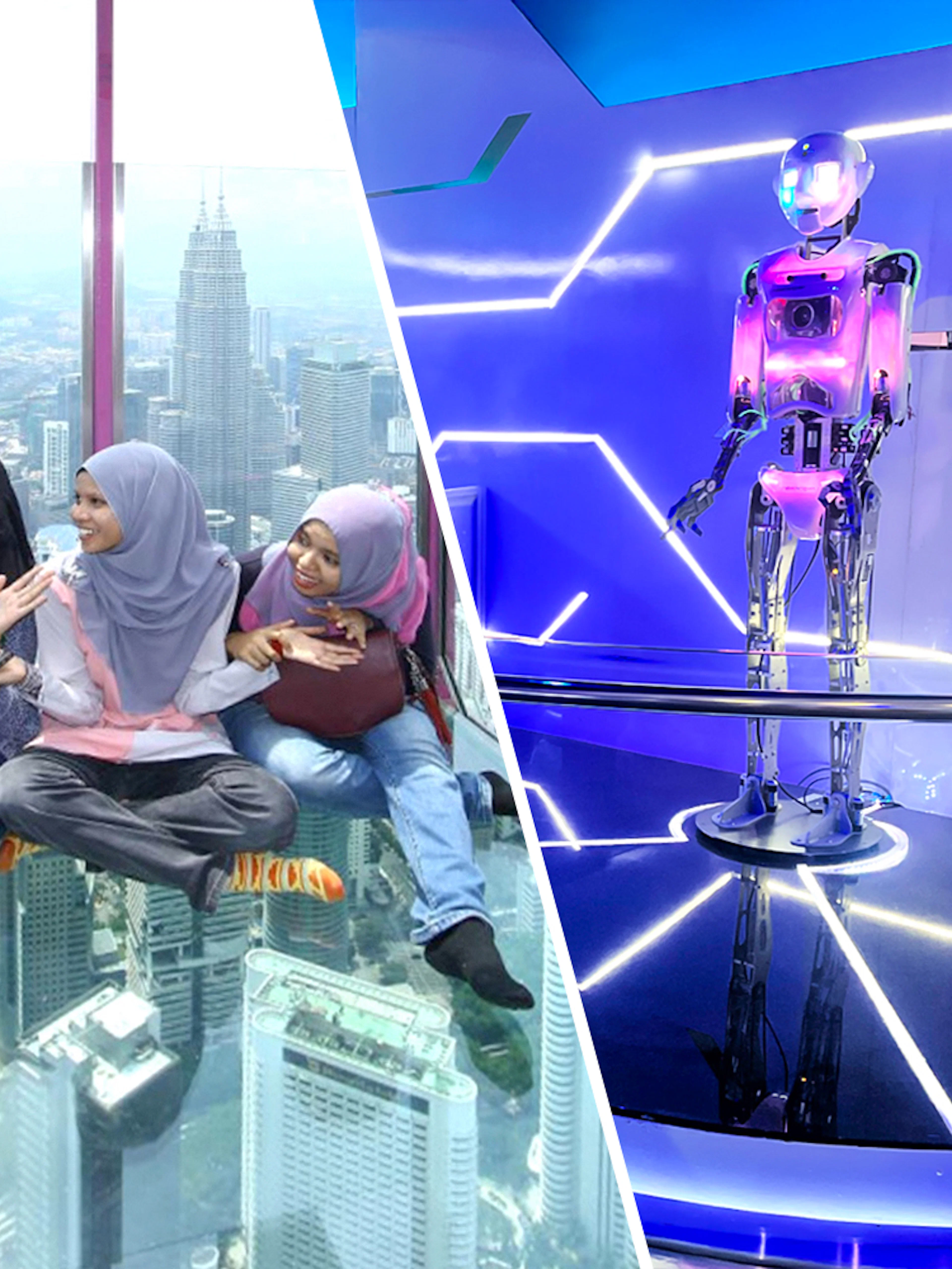 Female tourists sitting on KL Tower observation deck with city view.