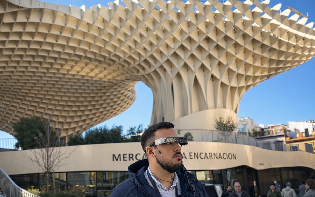 Tourist with smart glasses at Setas de Sevilla during city tour.