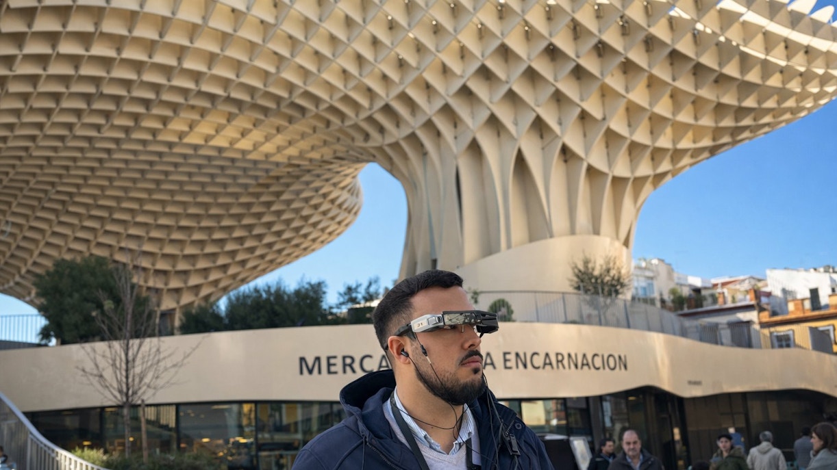 Tourist with smart glasses at Setas de Sevilla during city tour.