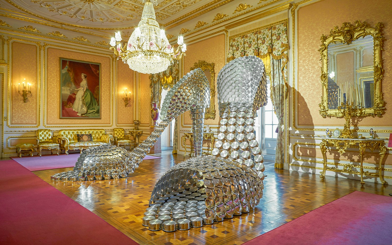 Liria Palace exterior with visitors using audio guides in Madrid, Spain.
