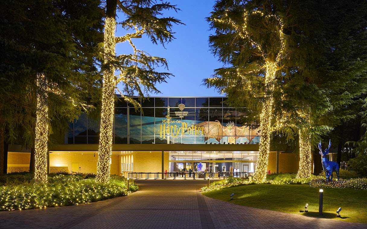 Entrance to The Making of Harry Potter Studio Tour in Tokyo, decorated with Christmas lights.