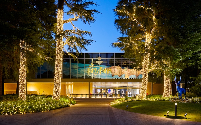 Entrance to The Making of Harry Potter Studio Tour in Tokyo, decorated with Christmas lights.