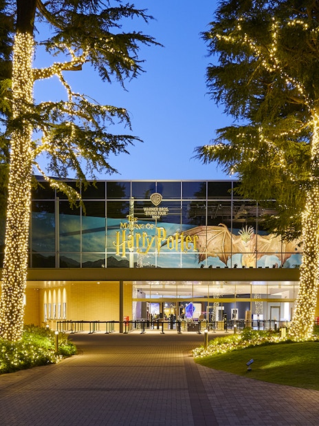 Entrance to The Making of Harry Potter Studio Tour in Tokyo, decorated with Christmas lights.