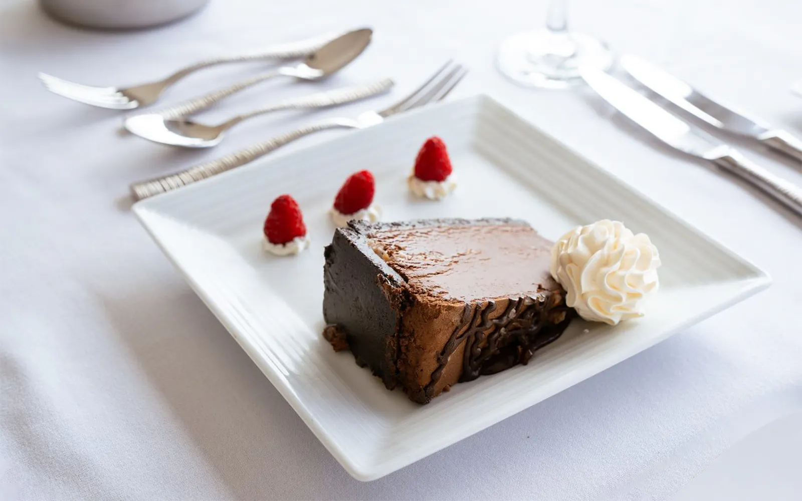 Chocolate cake with whipped cream and raspberries on Marina del Rey Premier Dinner Cruise.