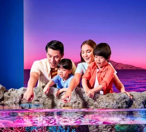 Tourists exploring vibrant rock pools at Sea Life Bangkok with colorful coral and marine life.