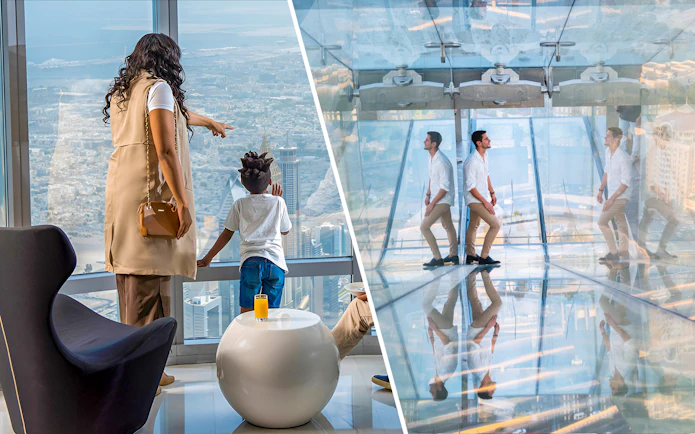 Burj Khalifa view from Level 148 and Sky Views Observatory in Dubai.