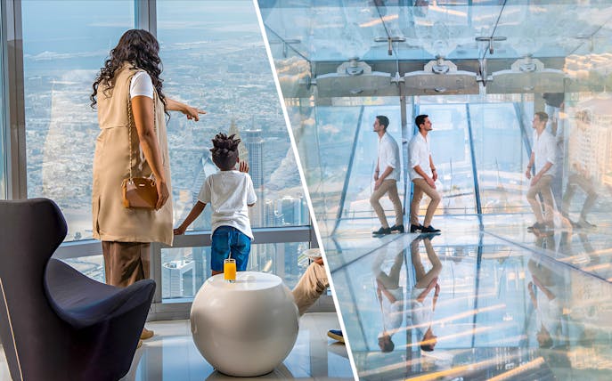 Burj Khalifa view from Level 148 and Sky Views Observatory in Dubai.