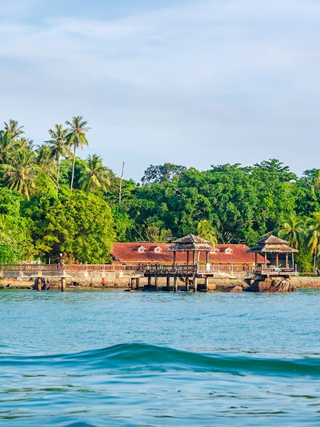 Pavilion and lush greenery on the coast of Pulau Ubin, Singapore.