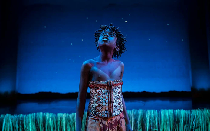 Performer on stage in The Lion King musical, gazing upward under a starry sky.