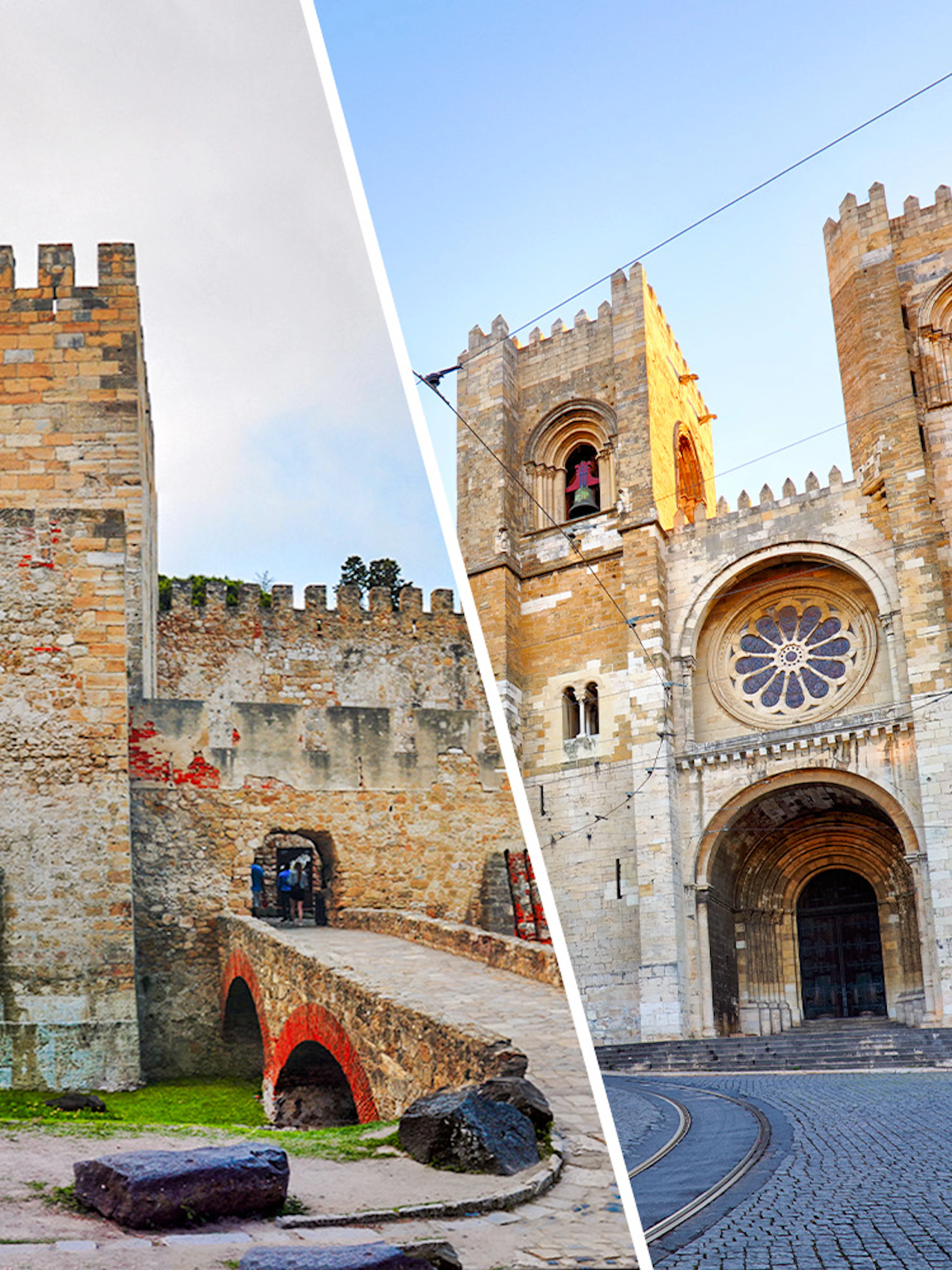 Sao Jorge Castle walls and Lisbon Cathedral facade in Lisbon, Portugal.