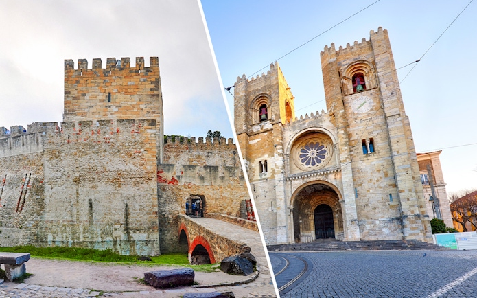 Sao Jorge Castle walls and Lisbon Cathedral facade in Lisbon, Portugal.