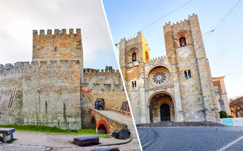 Sao Jorge Castle walls and Lisbon Cathedral facade in Lisbon, Portugal.