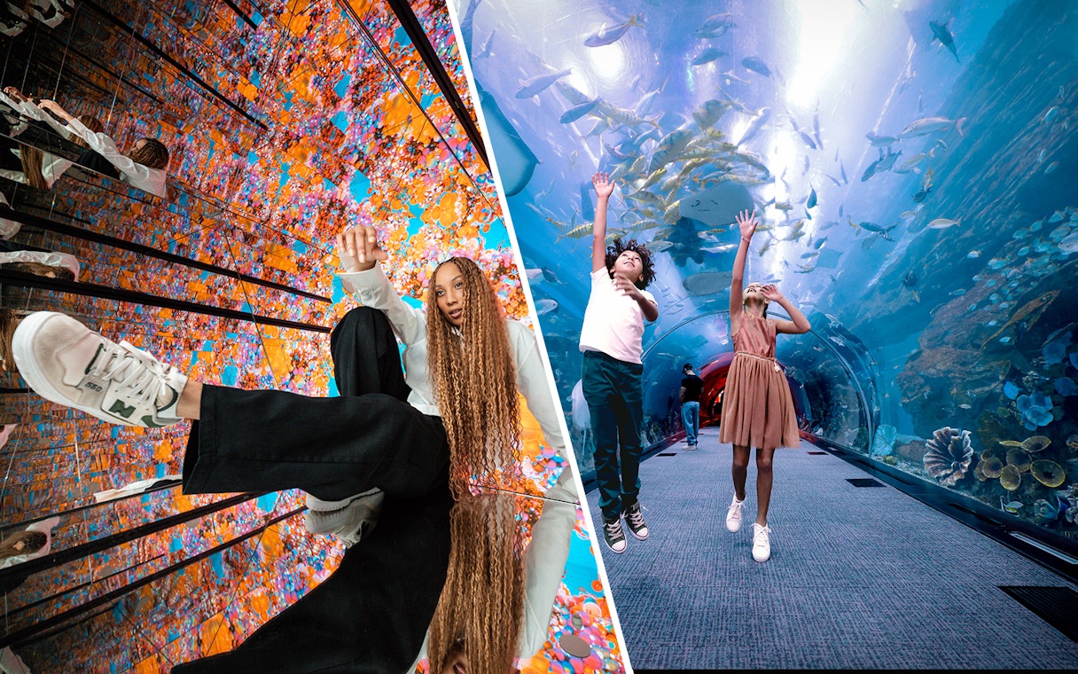 House of Hype mirrored room and children in Dubai Aquarium tunnel with marine life.