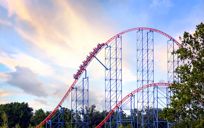 Roller coaster at Six Flags New England, SUPERMAN™ The Ride, Boston.