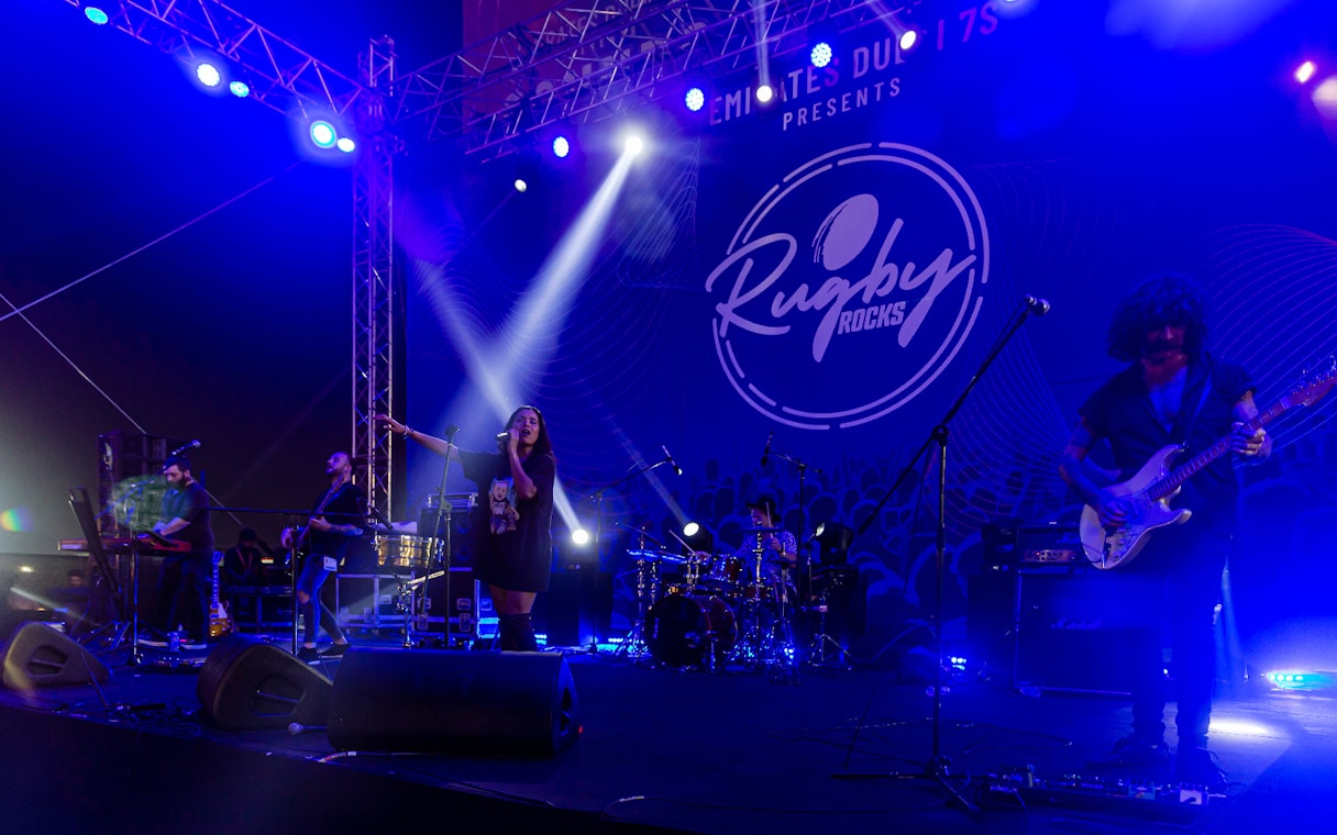 Live band performing at Emirates Dubai 7s Rugby Rocks event.