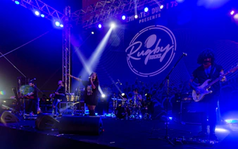 Live band performing at Emirates Dubai 7s Rugby Rocks event.