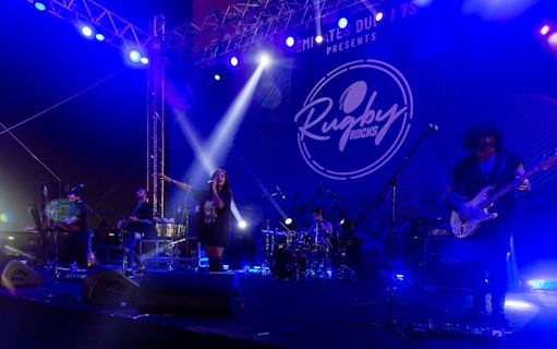 Live band performing at Emirates Dubai 7s Rugby Rocks event.