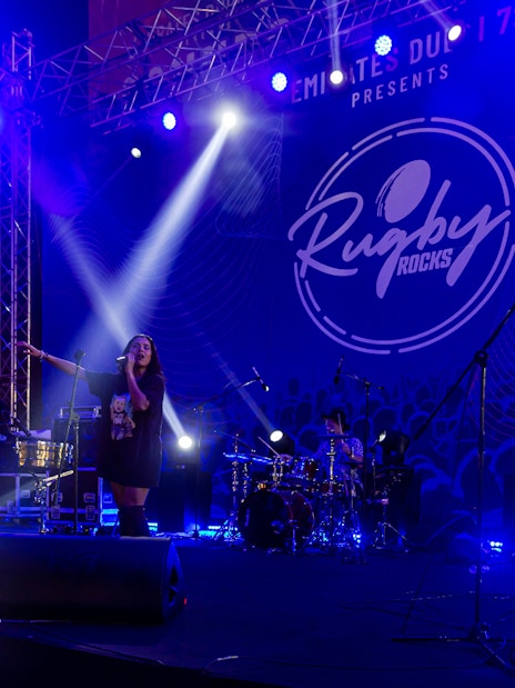 Live band performing at Emirates Dubai 7s Rugby Rocks event.