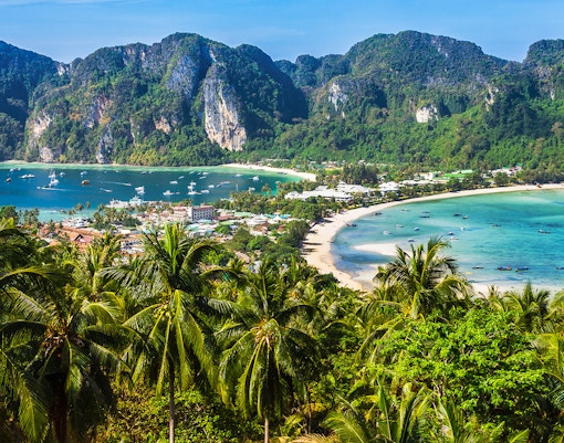 Phi Phi Viewpoint overlooking lush islands and turquoise waters in Thailand.