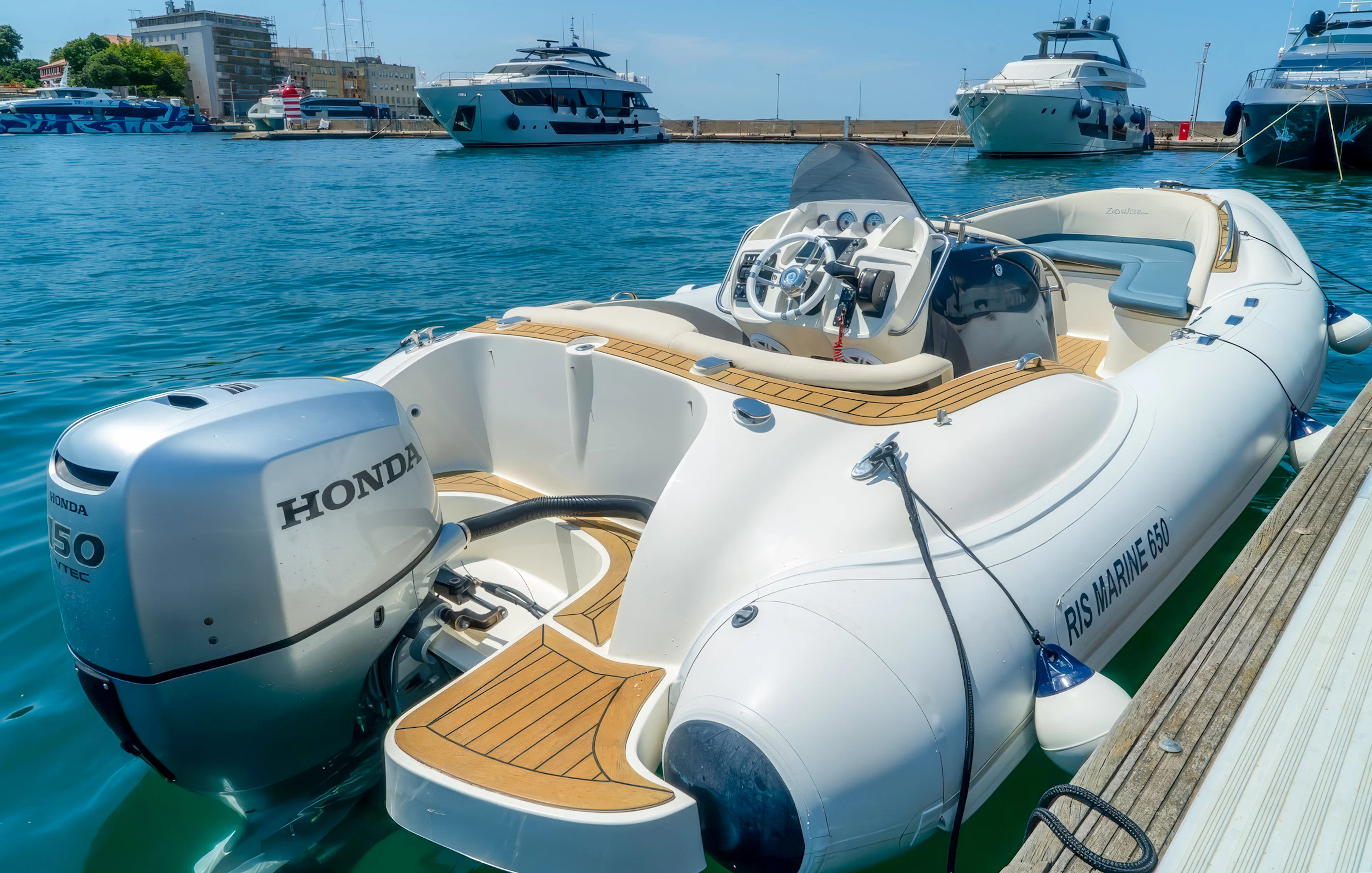 Speedboat docked in Zadar, Croatia for guided tour.