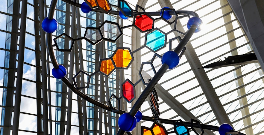 Oceanogràfic Valencia aquarium with marine life exhibits, Príncipe Felipe Science Museum architecture in background.