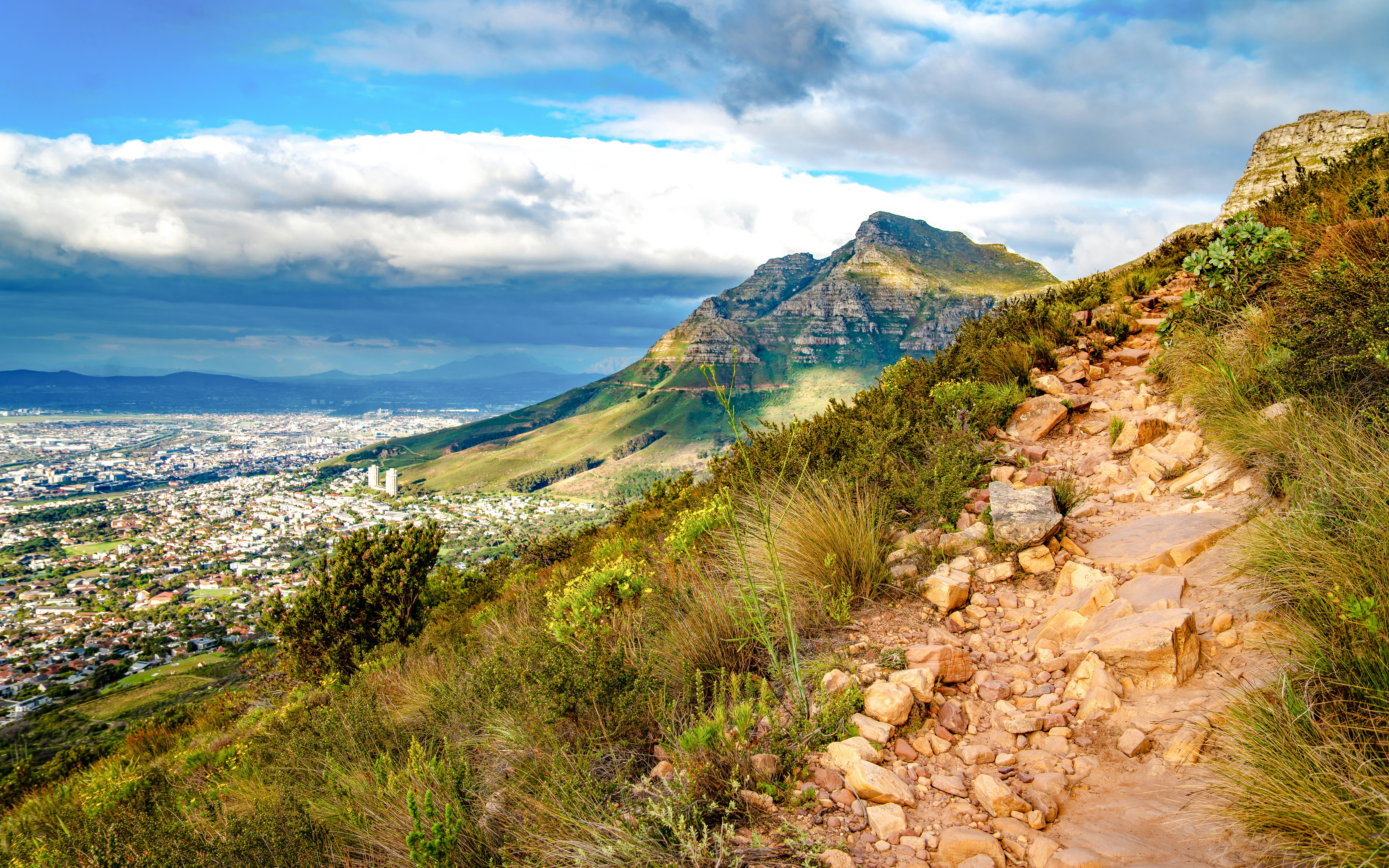 Table Mountain view from Kloof Corner hike at sunset, Cape Town, South Africa.