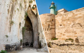 Neapolis Archaeological Park cave entrance and ancient stone structure with lighthouse in Syracuse.