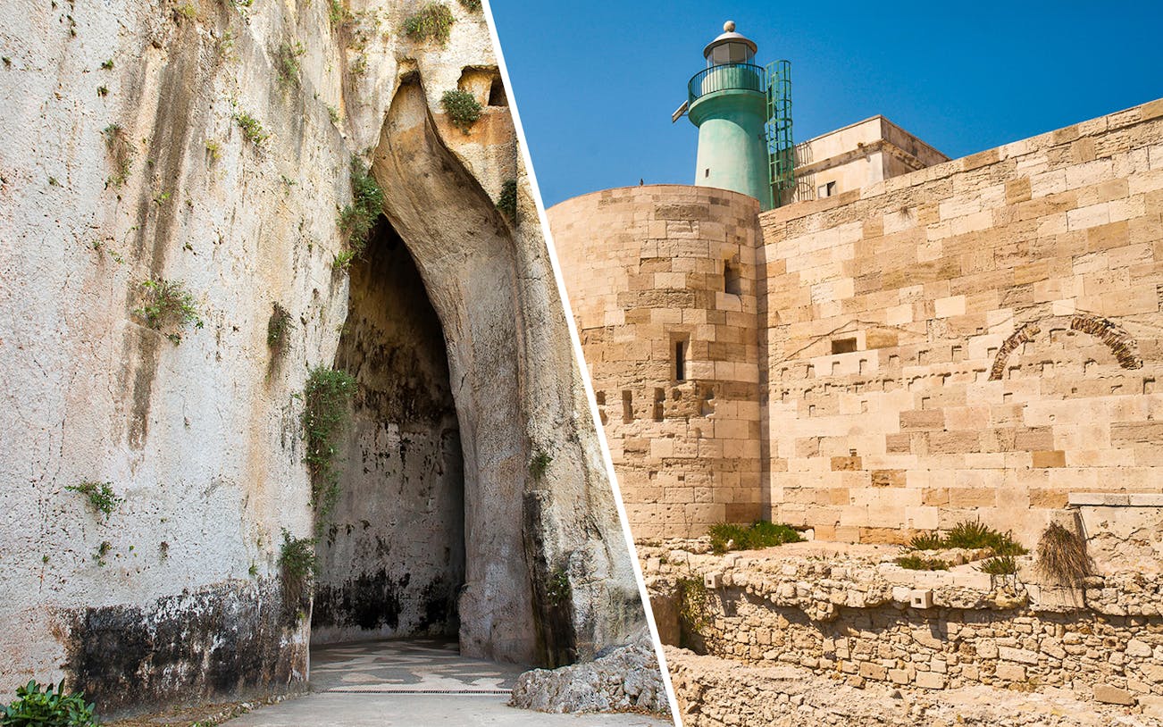 Neapolis Archaeological Park cave entrance and ancient stone structure with lighthouse in Syracuse.