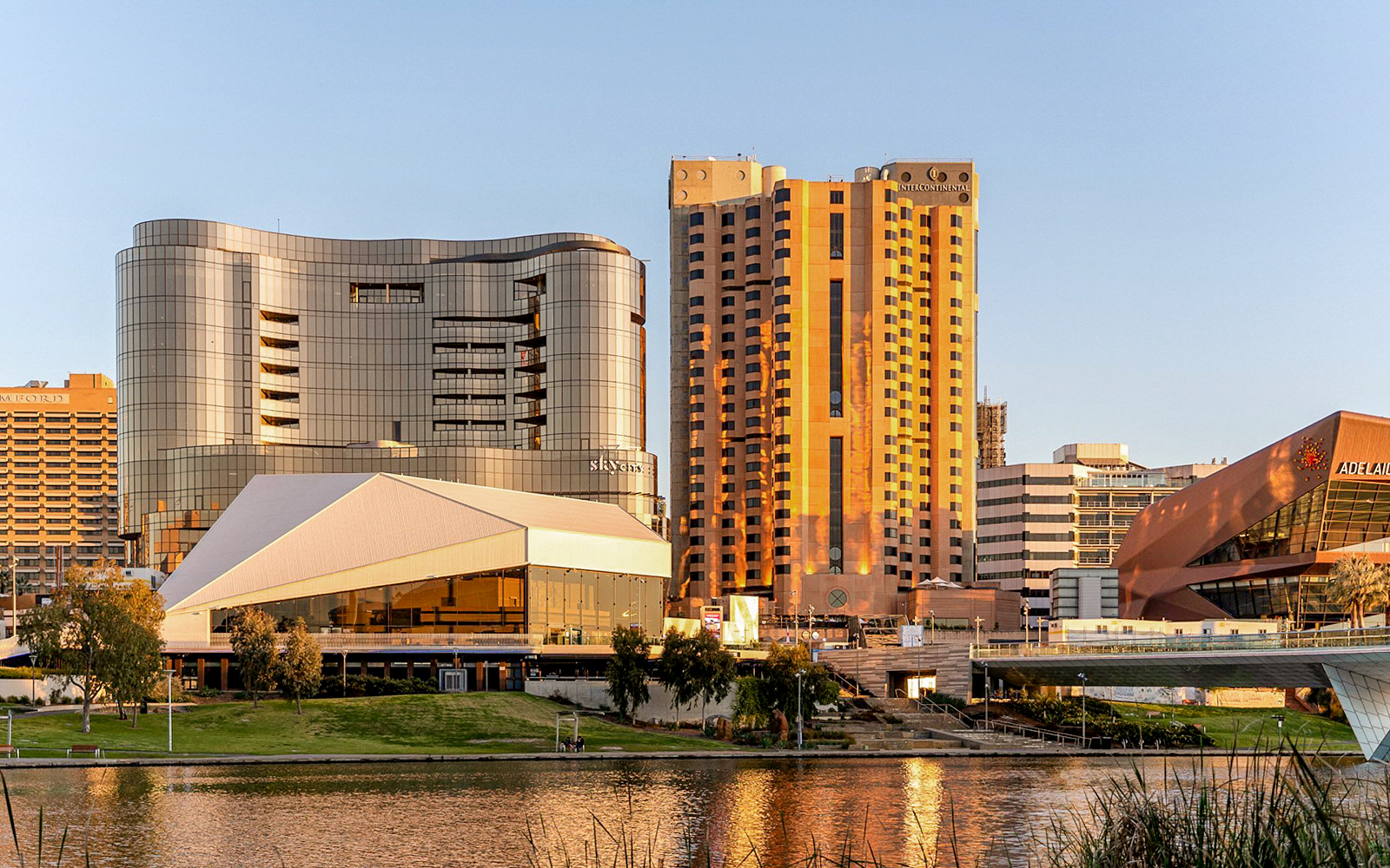 Adelaide cityscape with modern buildings along the river, near Adelaide Hills and Hahndorf.