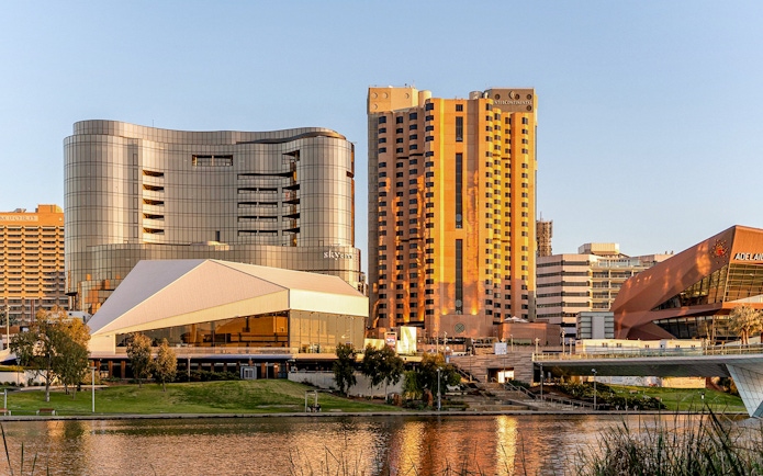 Adelaide cityscape with modern buildings along the river, near Adelaide Hills and Hahndorf.