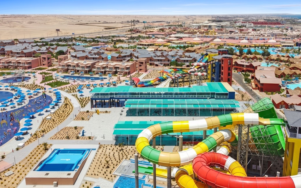 Aerial view of colorful water slides at Neverland Waterpark, Pickalbatros, Hurghada.