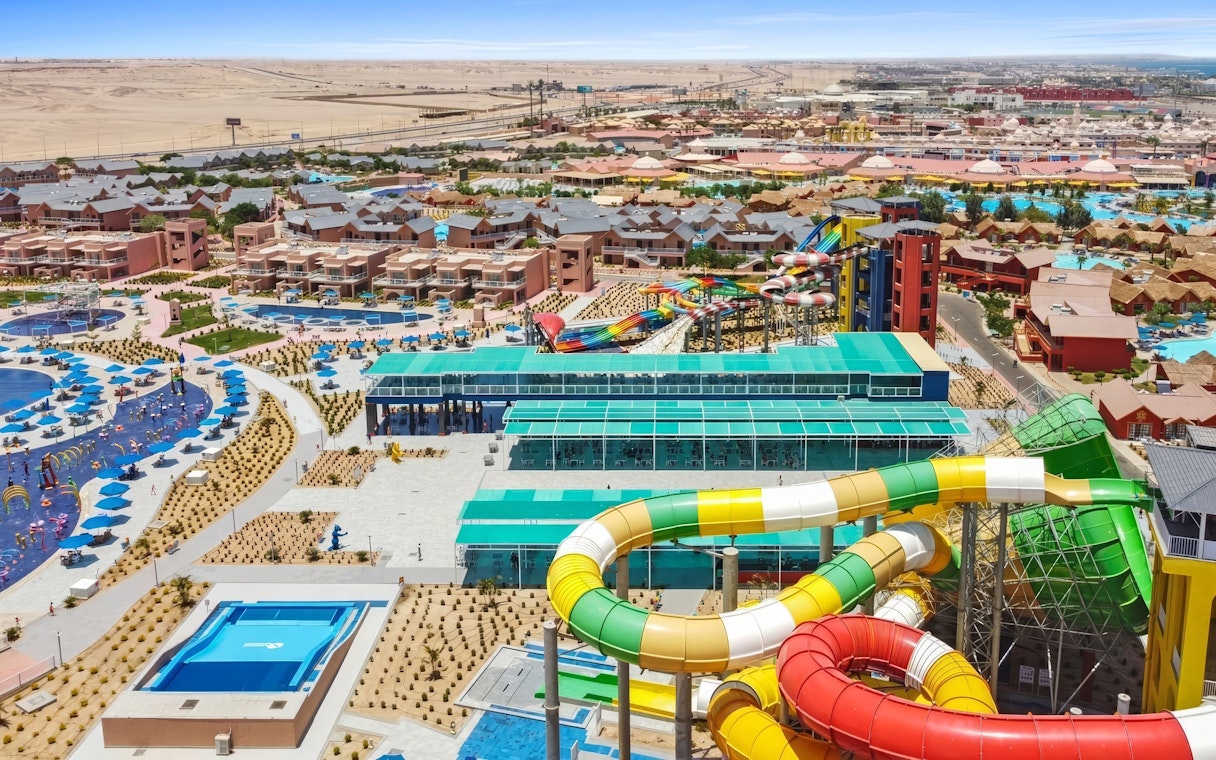 Aerial view of colorful water slides at Neverland Waterpark, Pickalbatros, Hurghada.