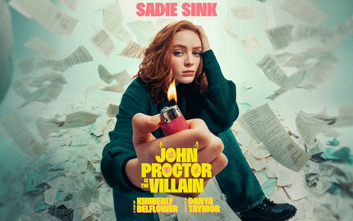 Person holding a lighter surrounded by flying pages, promoting "John Proctor is the Villain.