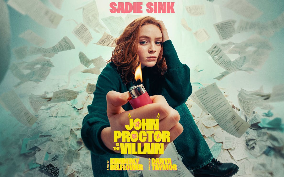 Person holding a lighter surrounded by flying pages, promoting "John Proctor is the Villain.
