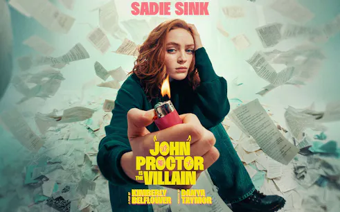Person holding a lighter surrounded by flying pages, promoting "John Proctor is the Villain.