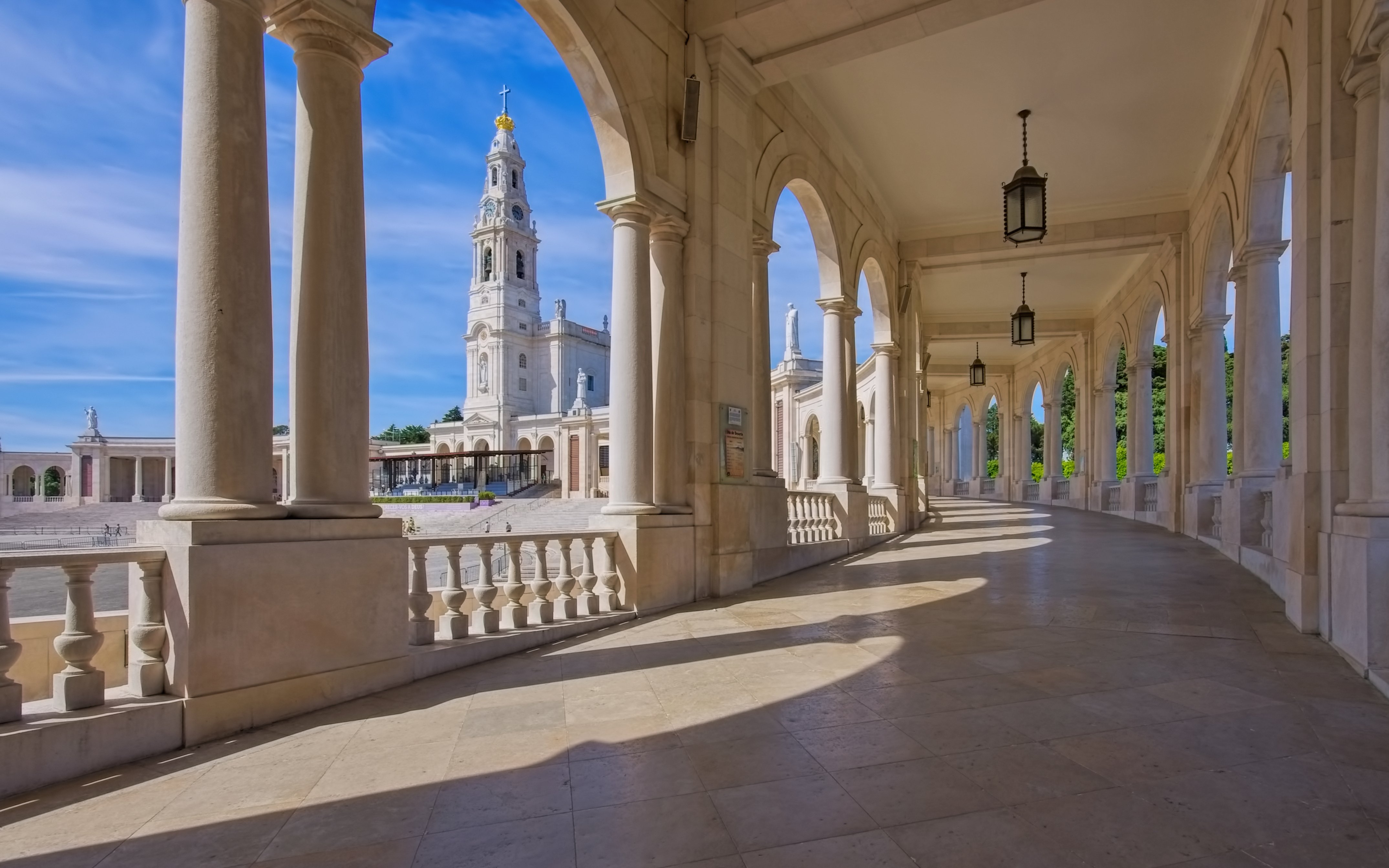 Colonnade view of the Sanctuary of Our Lady of Fatima in Portugal.
