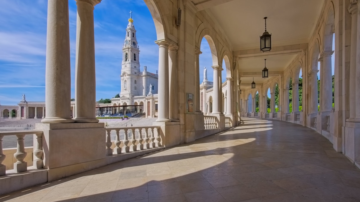 Colonnade view of the Sanctuary of Our Lady of Fatima in Portugal.