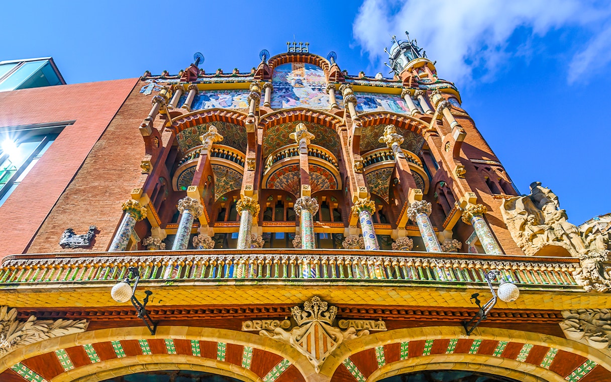 Palau de la Música Catalana facade with ornate columns and mosaics, Barcelona.
