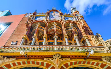 Palau de la Música Catalana facade with ornate columns and mosaics, Barcelona.