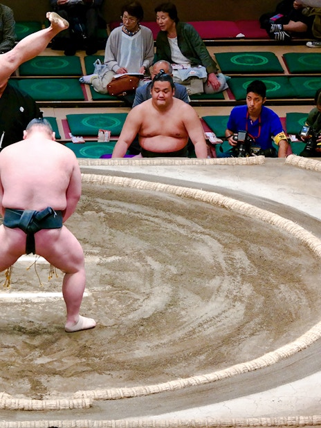 Sumo wrestlers compete on the dohyo, surrounded by an audience.