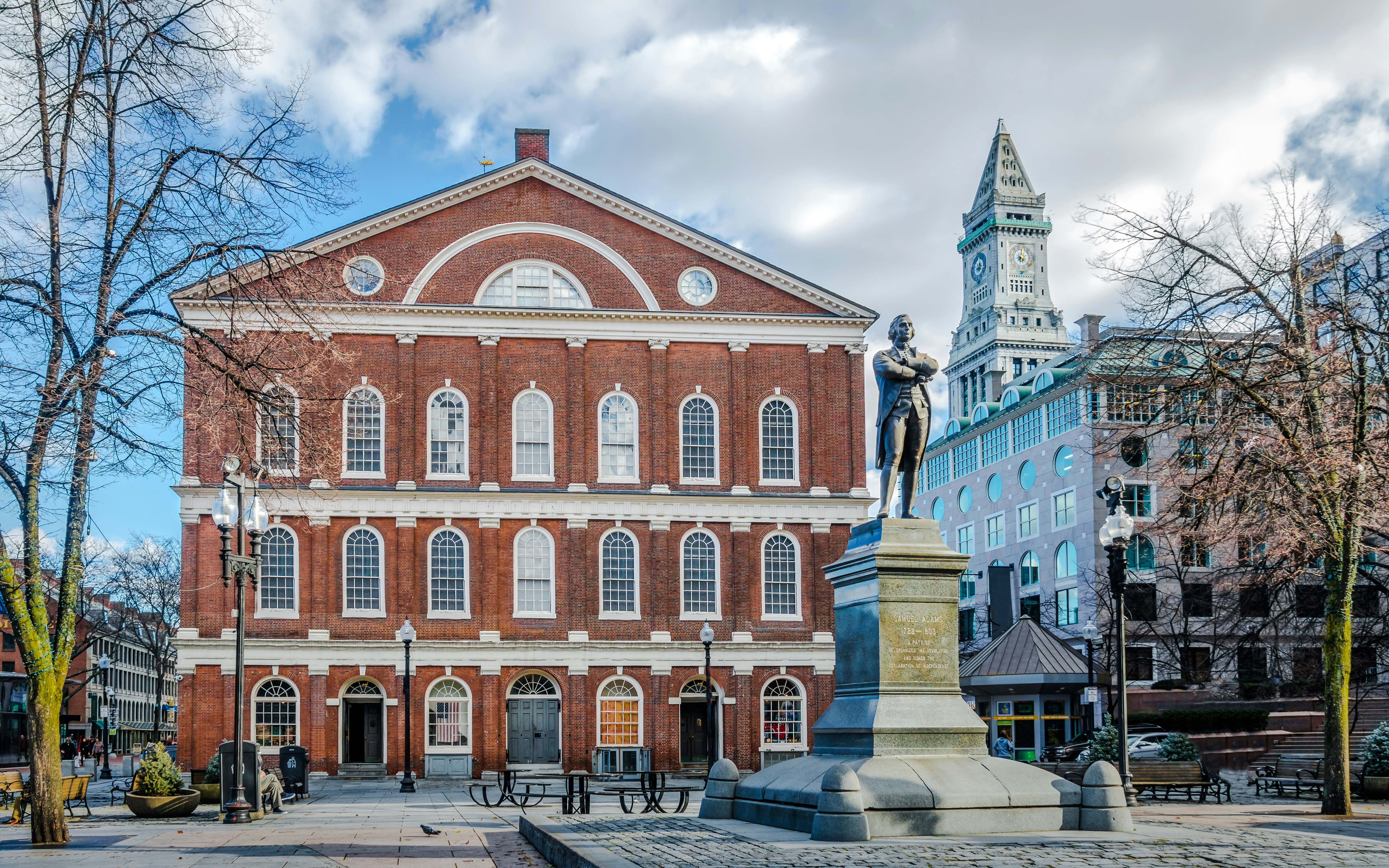 Faneuil Hall with Samuel Adams statue in Boston, Massachusetts.